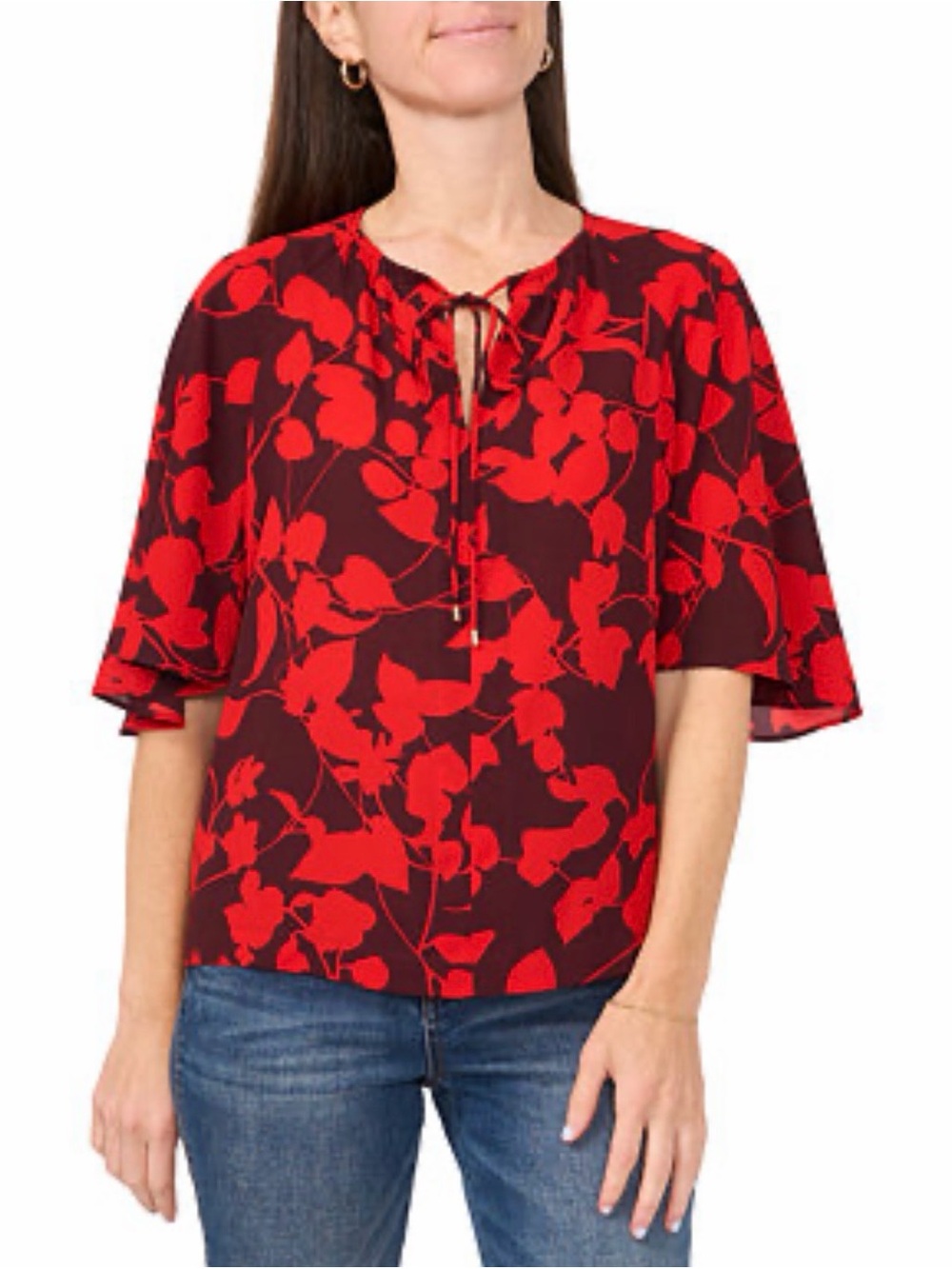 Red Floral Tie-Front Flutter Sleeve Blouse